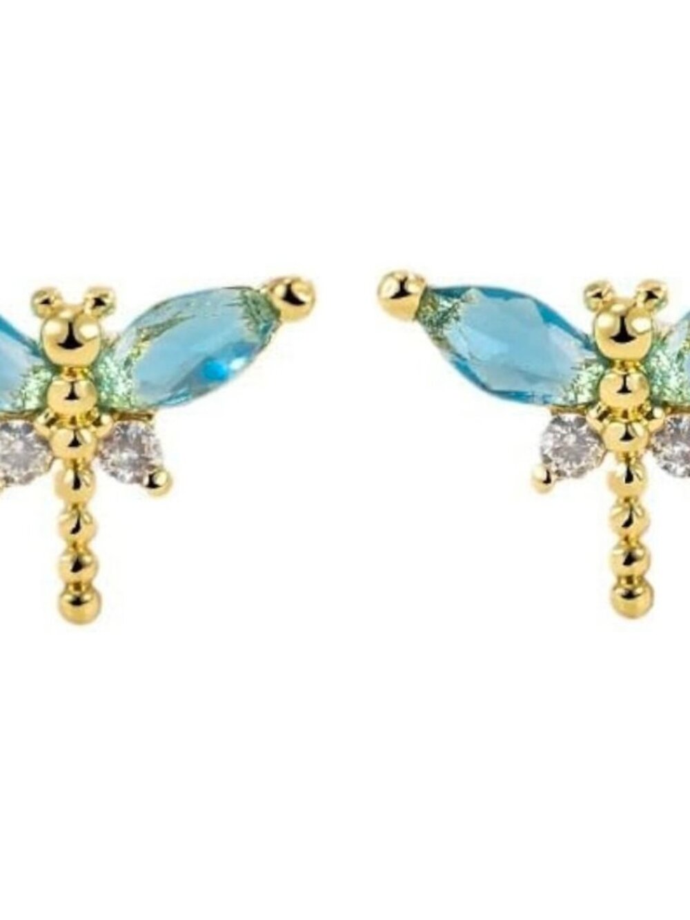 Dragonfly Stud Earrings Blue Gold Tone Small Post Back Pair